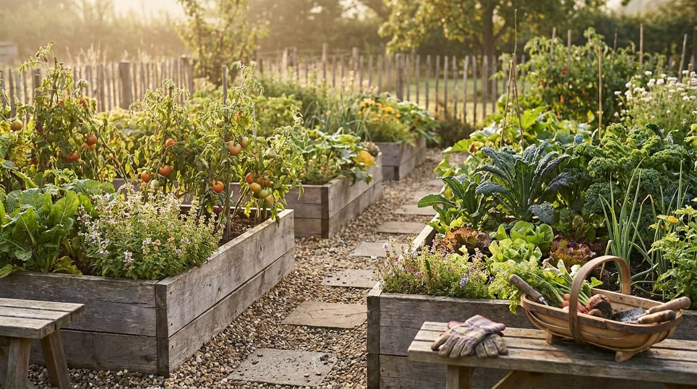 A backyard raised-bed vegetable garden through the seasons
