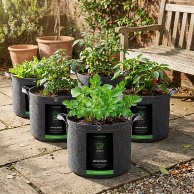 VIVOSUN 5-gallon fabric grow bags planted with vegetables