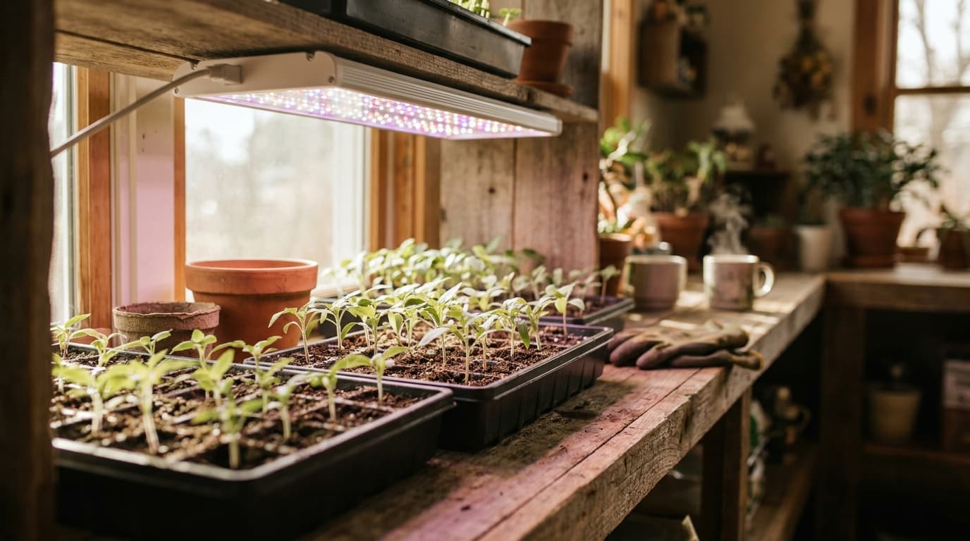 Seedlings growing under an indoor grow light