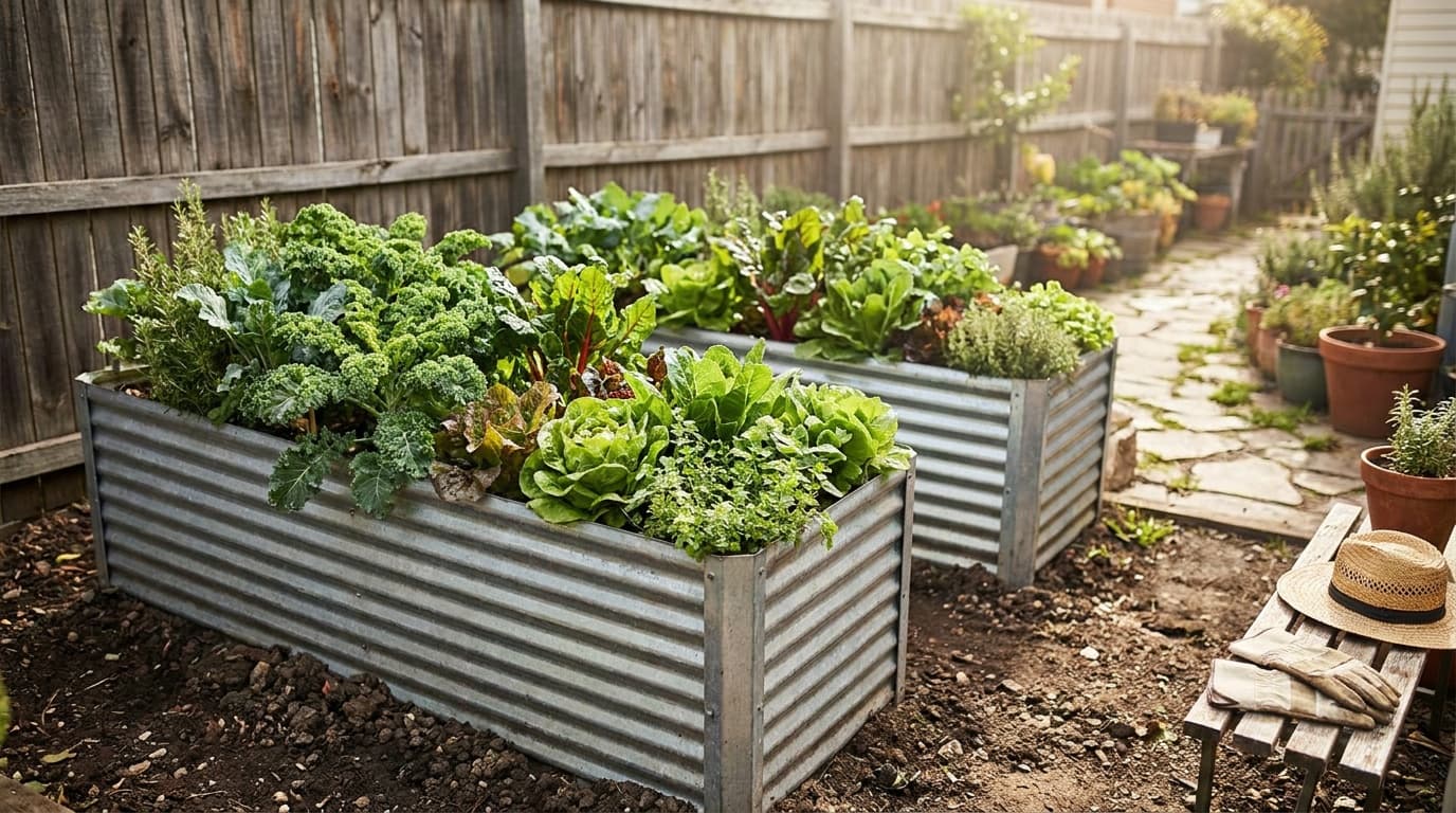Vego Garden and Birdies premium metal raised garden beds in a backyard vegetable plot