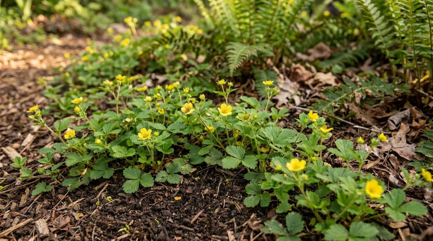 Barren Strawberry growing in a garden