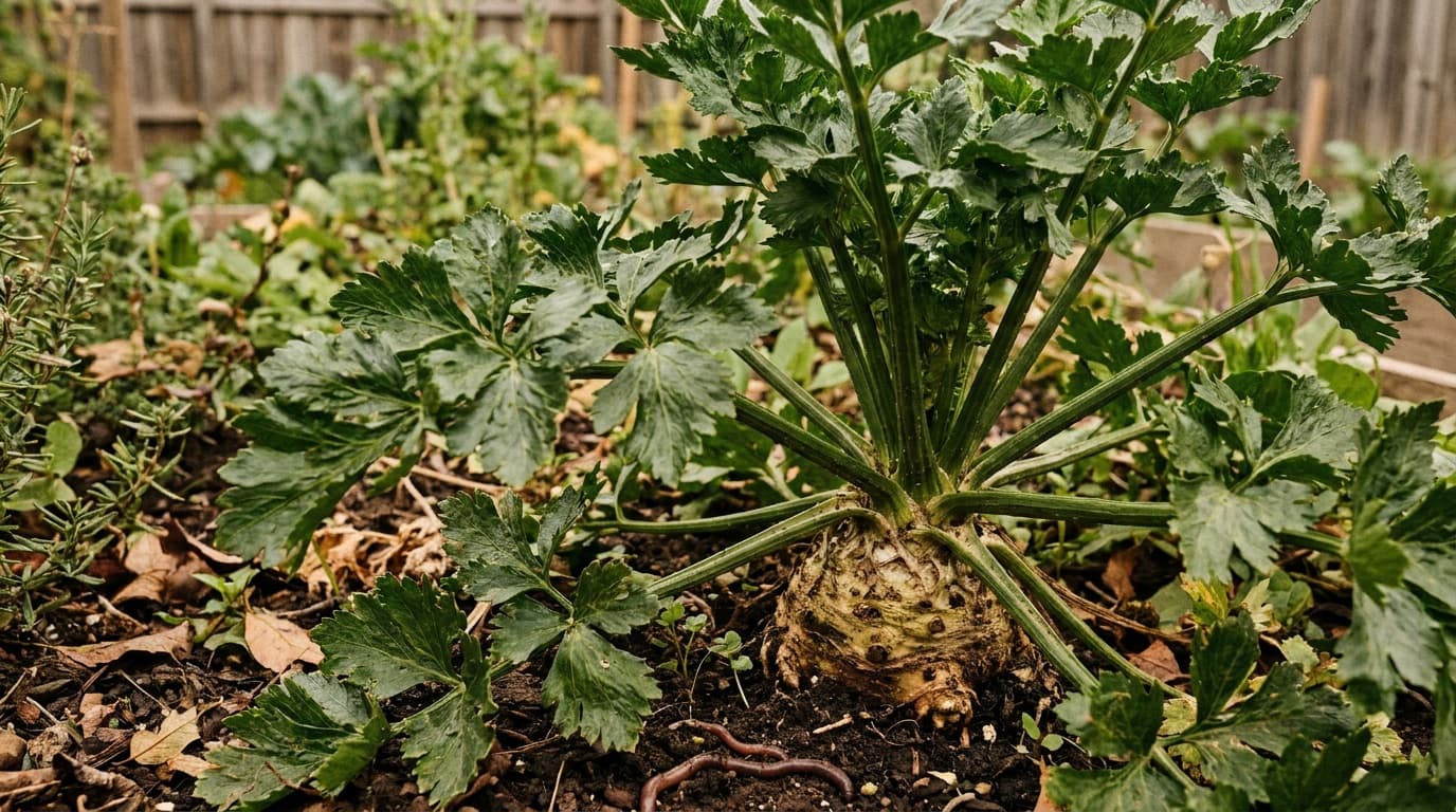 Celeriac growing in a garden