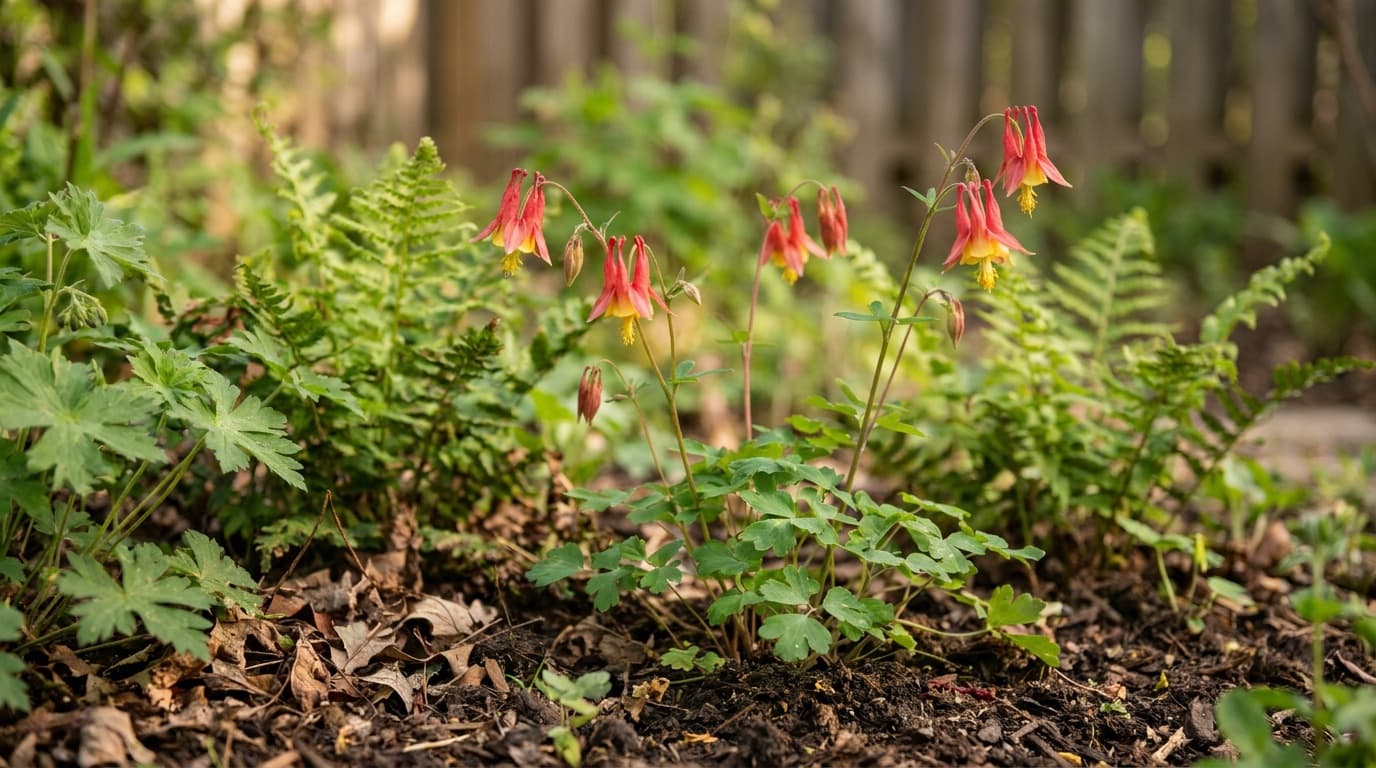 Eastern Red Columbine growing in a garden