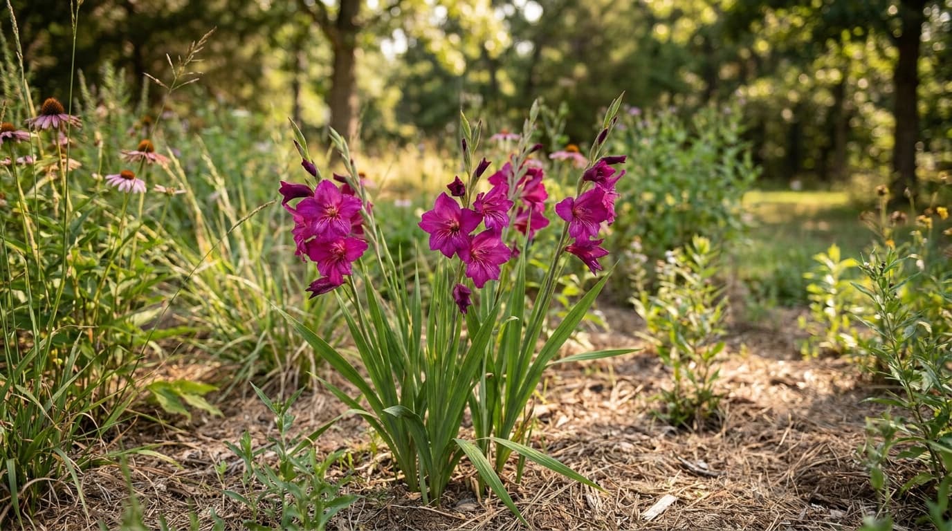 Gladiolus growing in a garden