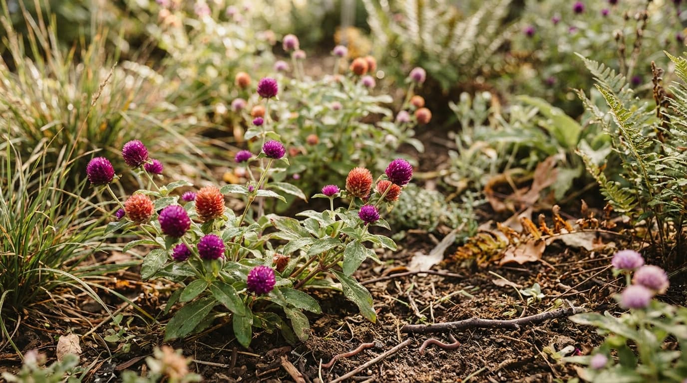 Globe Amaranth growing in a garden