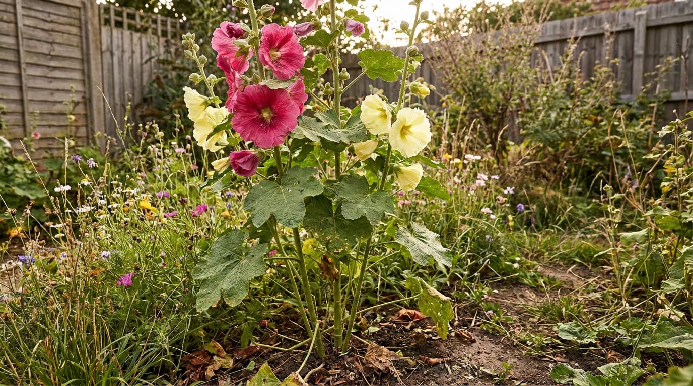 Hollyhock growing in a garden