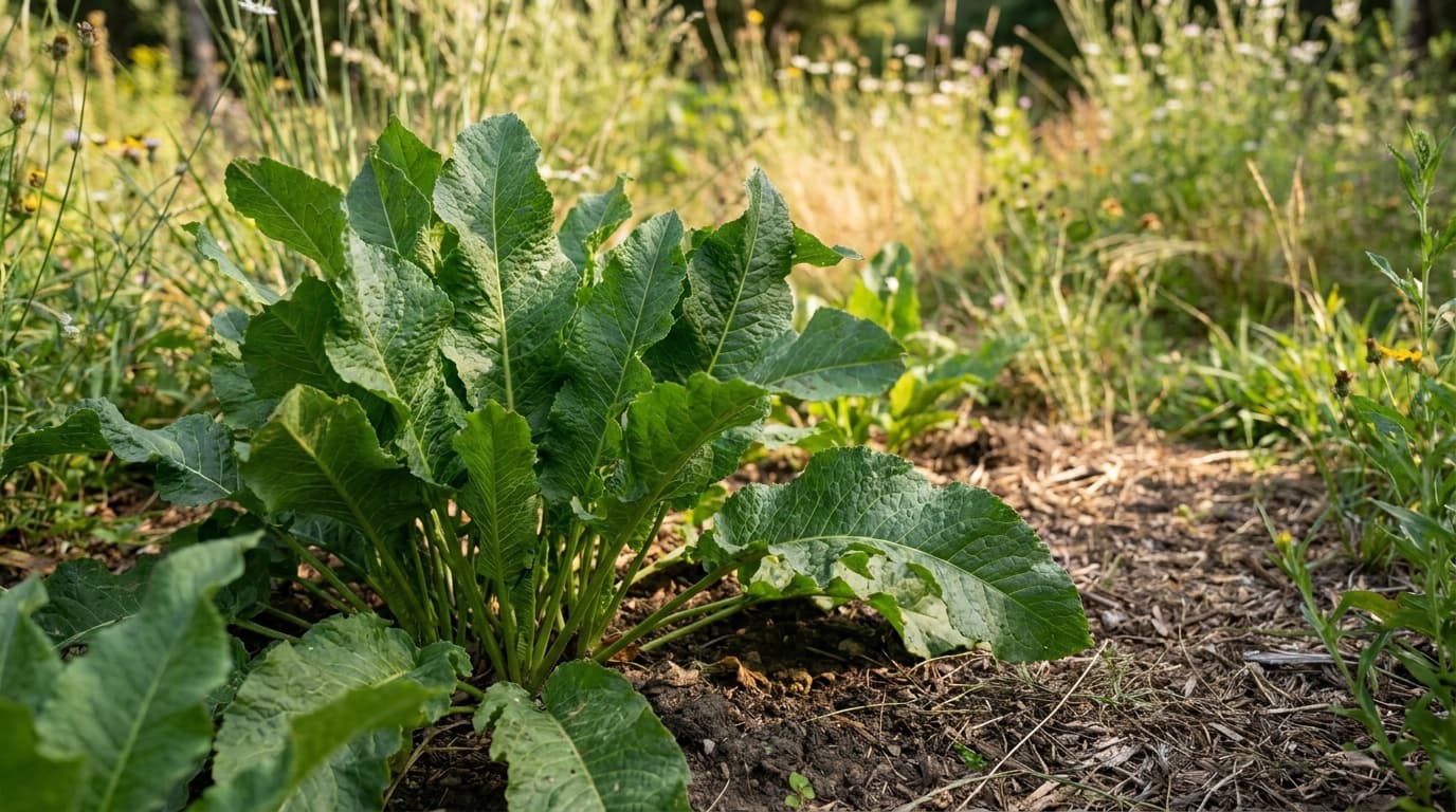 Horseradish growing in a garden