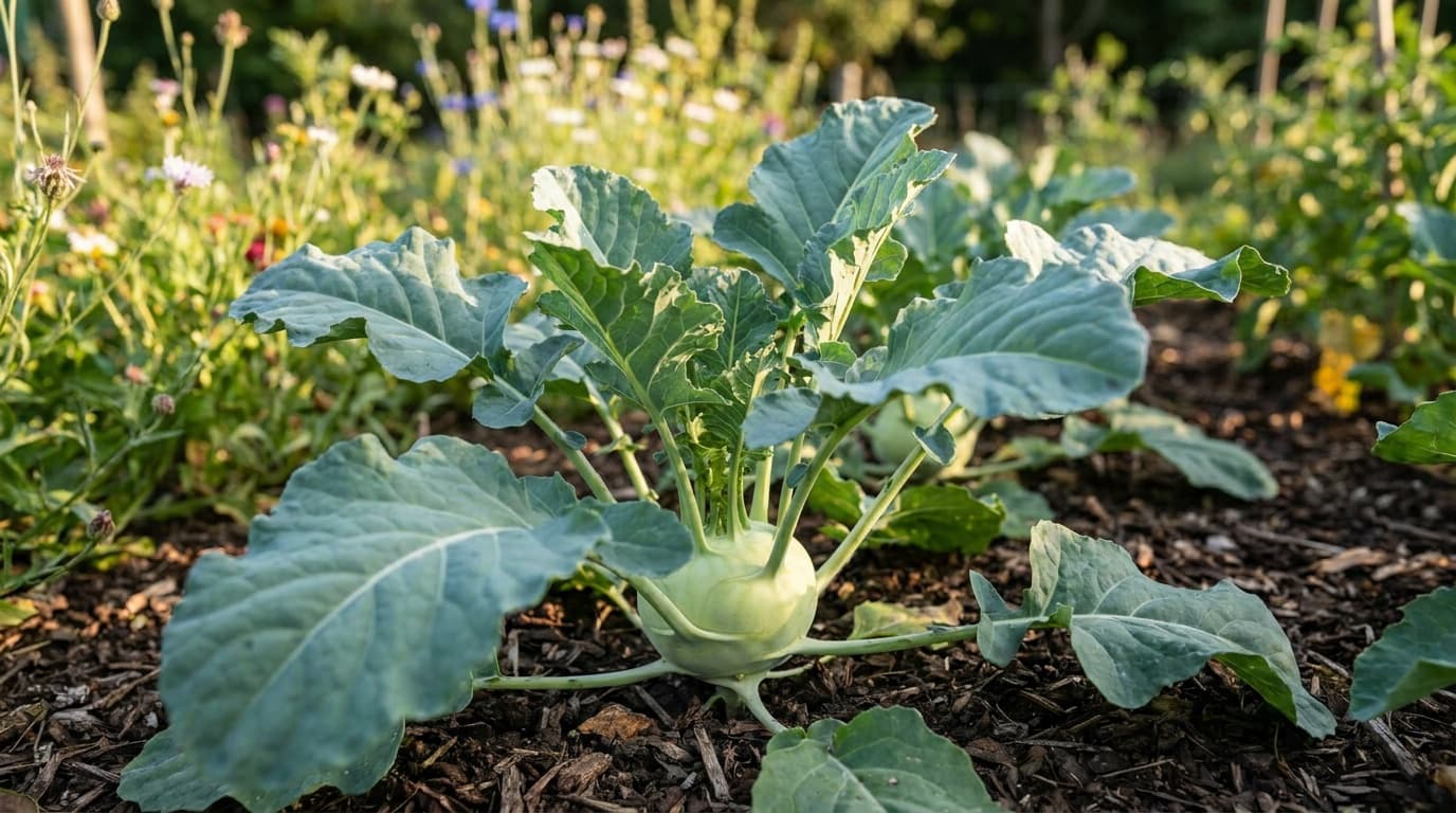 Kohlrabi growing in a garden