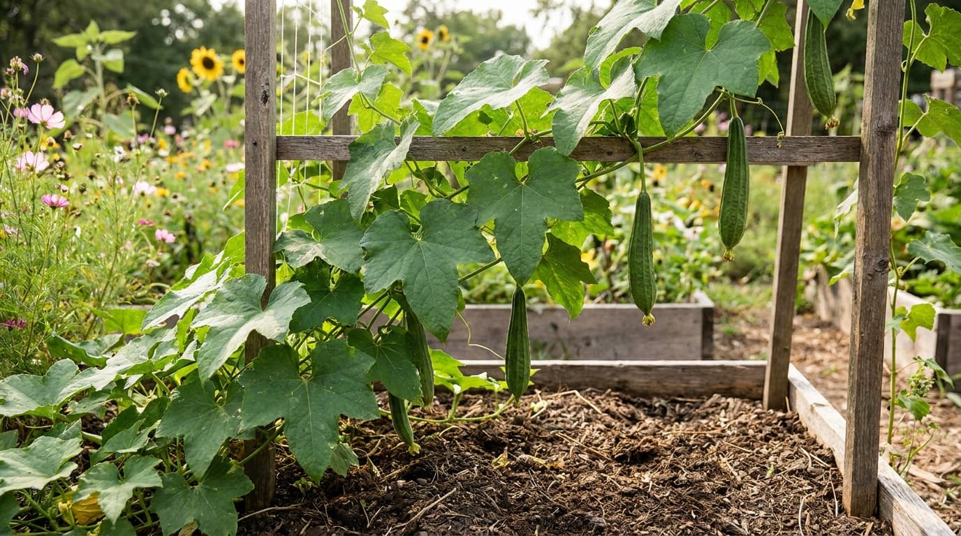 Luffa Gourd growing in a garden