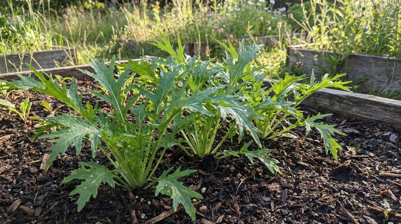 Mizuna growing in a garden