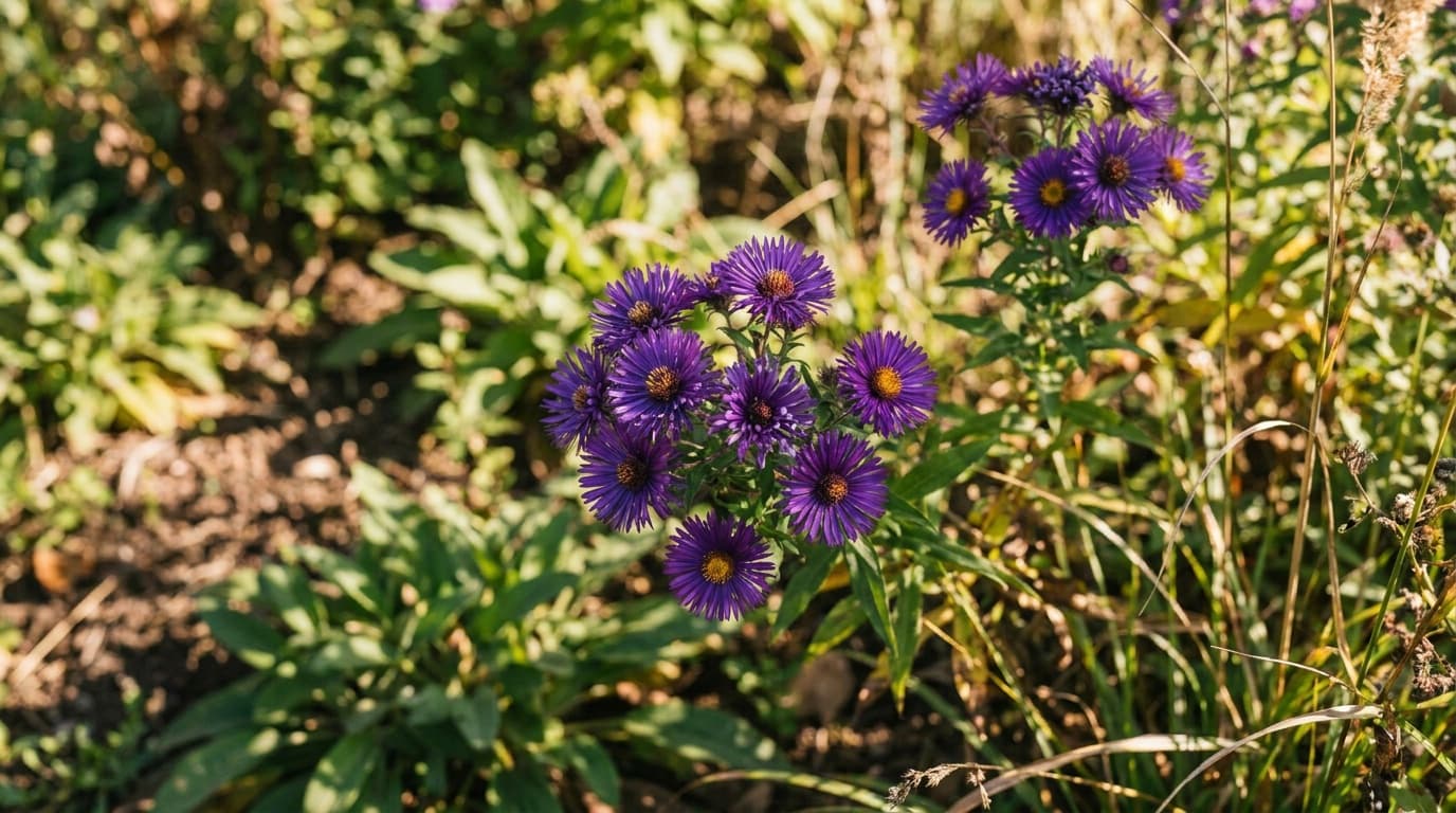 New England Aster growing in a garden