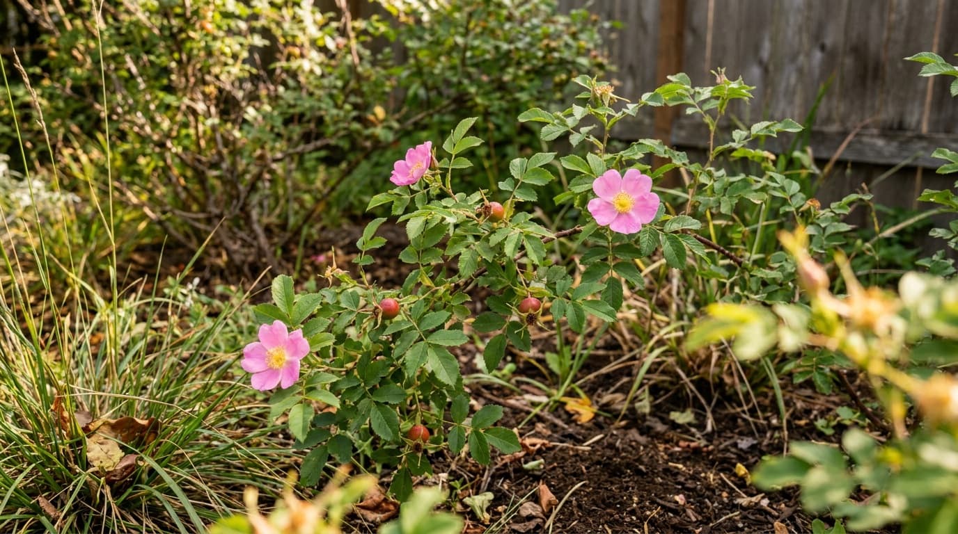 Nootka Rose growing in a garden