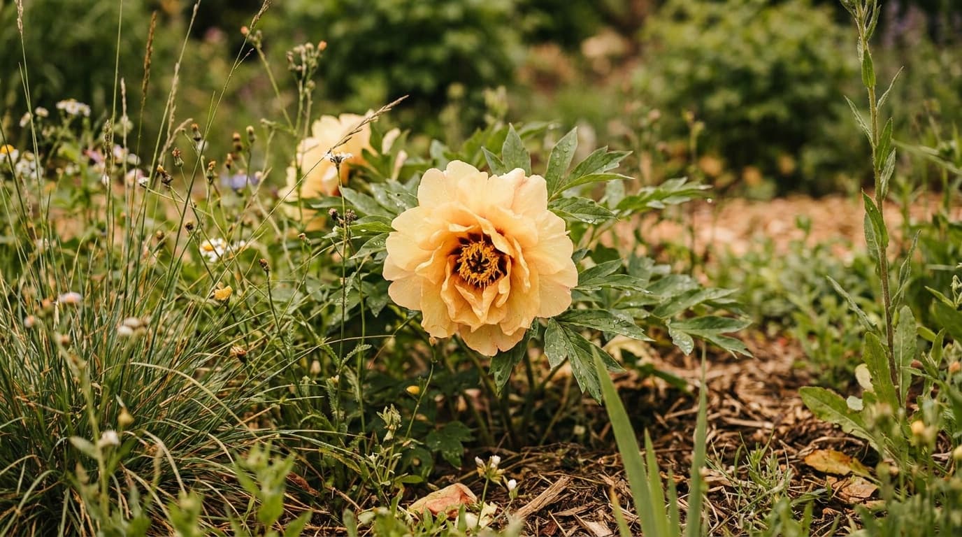 Itoh Peony growing in a garden