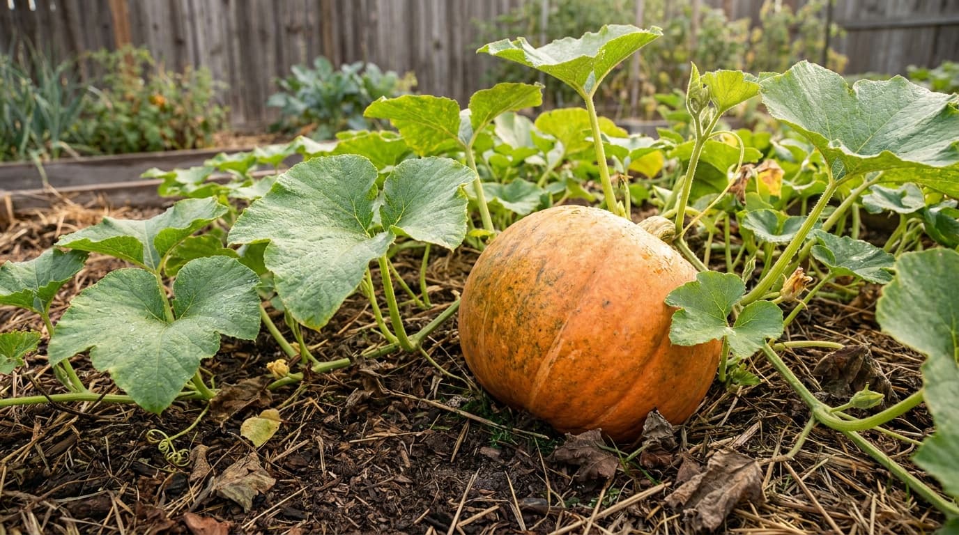 Pumpkin growing in a garden