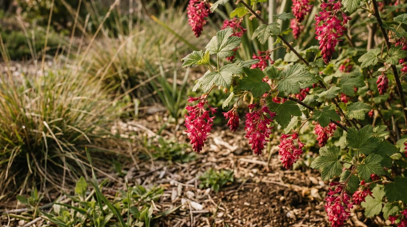 Red Flowering Currant growing in a garden