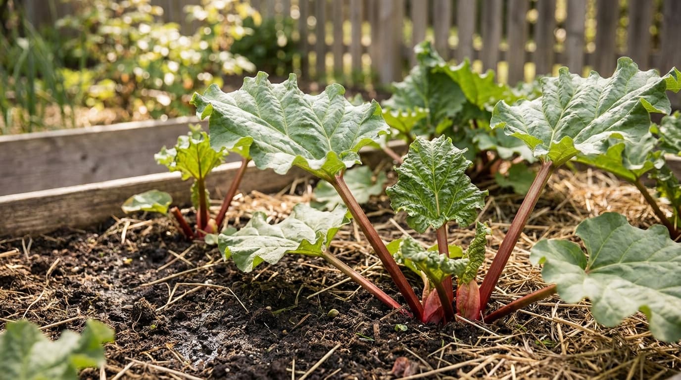Rhubarb growing in a garden