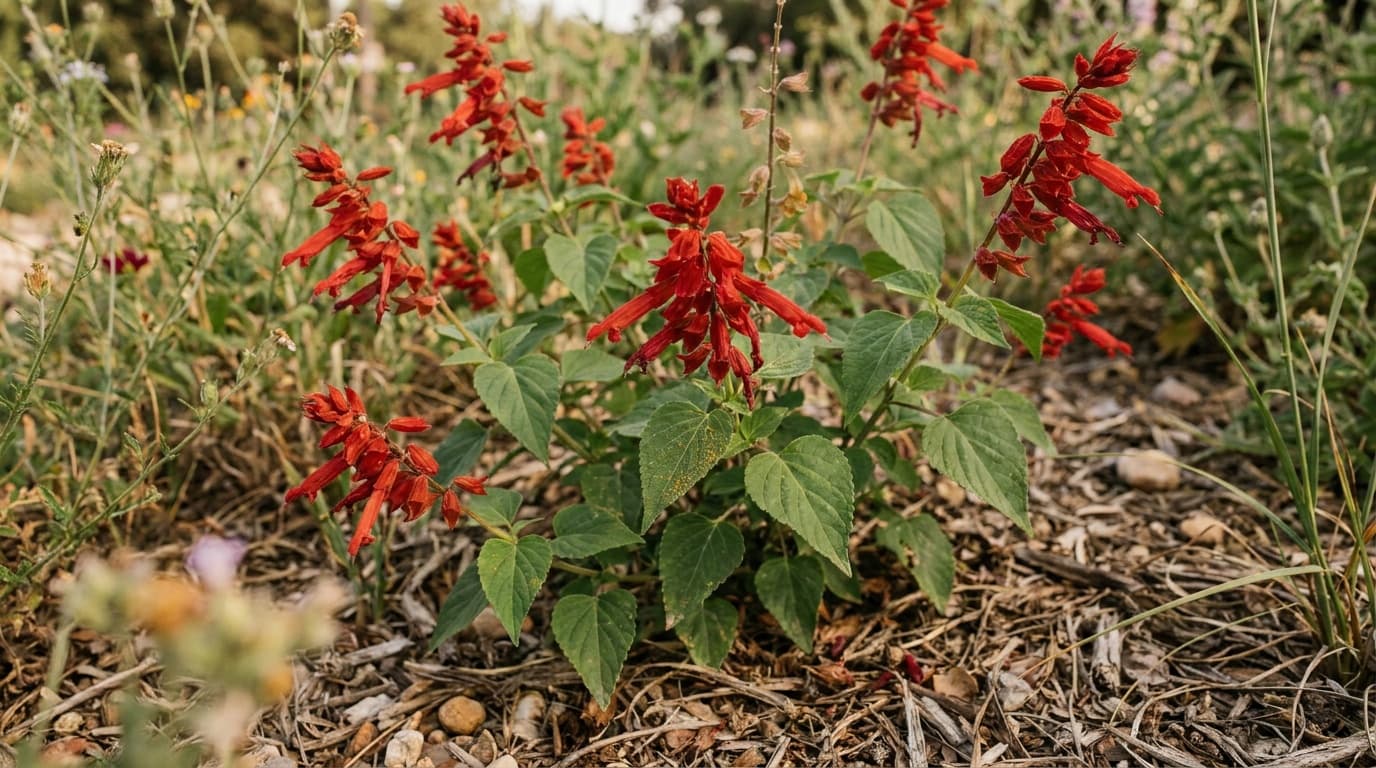 Scarlet Sage growing in a garden