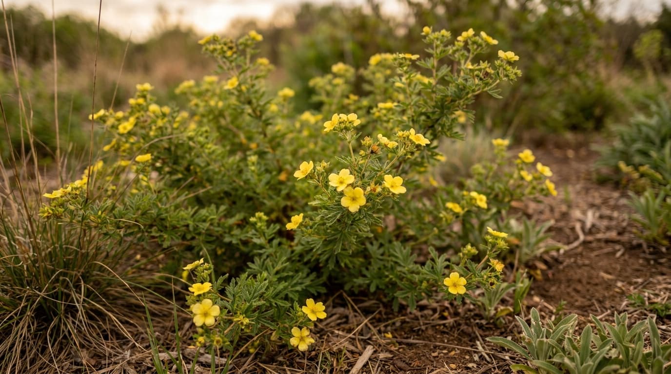 Shrubby Cinquefoil growing in a garden