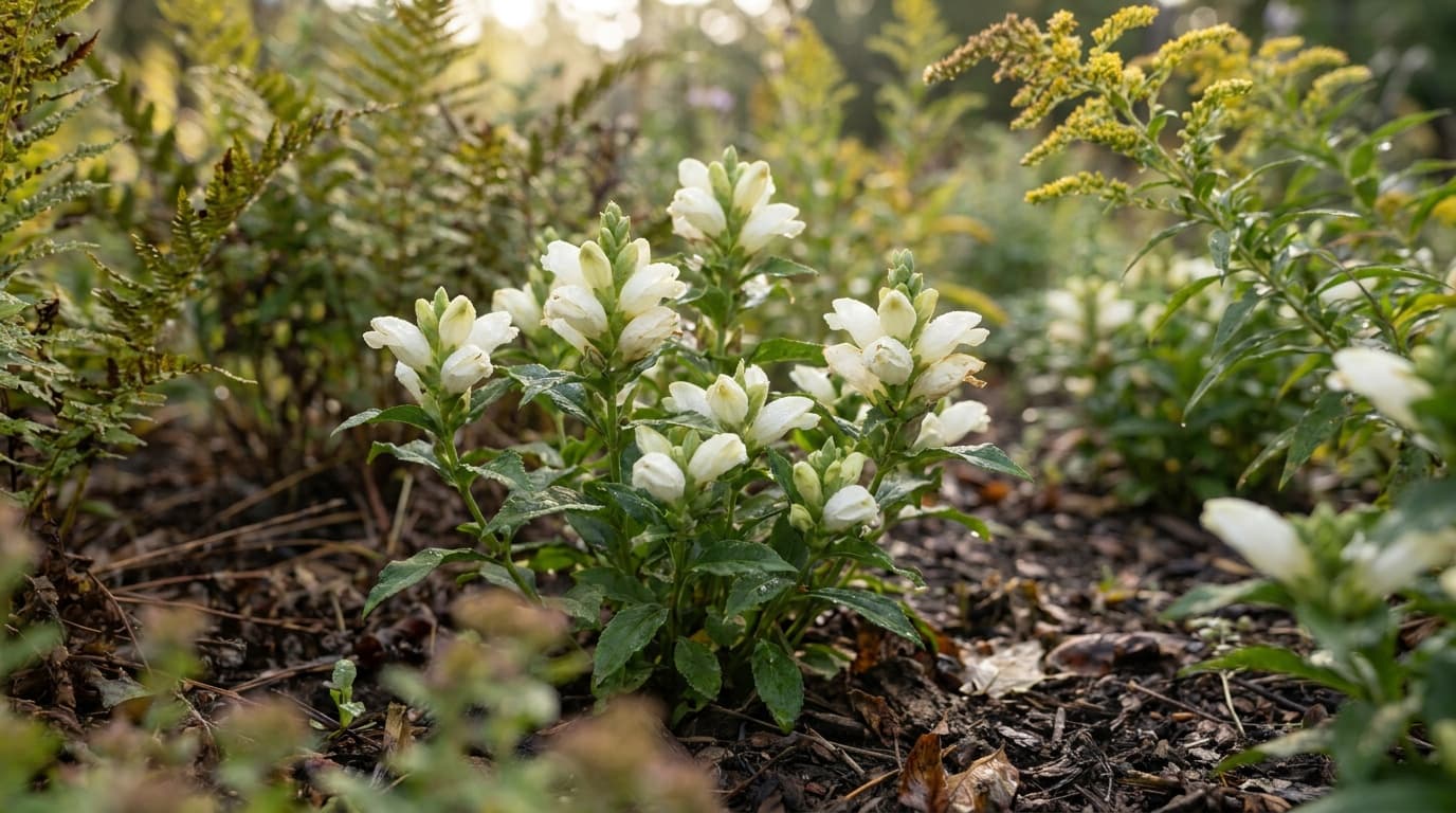 White Turtlehead growing in a garden