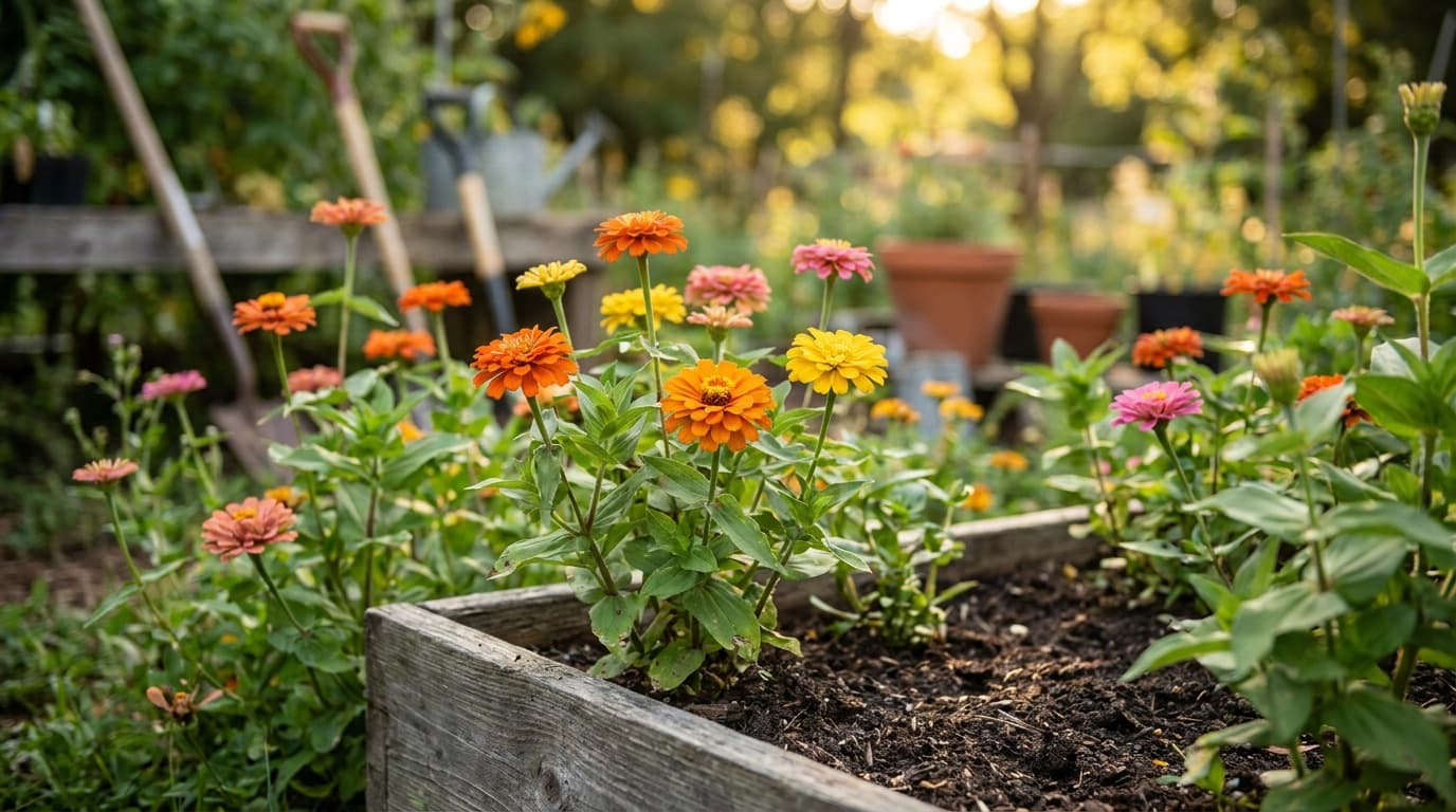 Zinnia growing in a garden