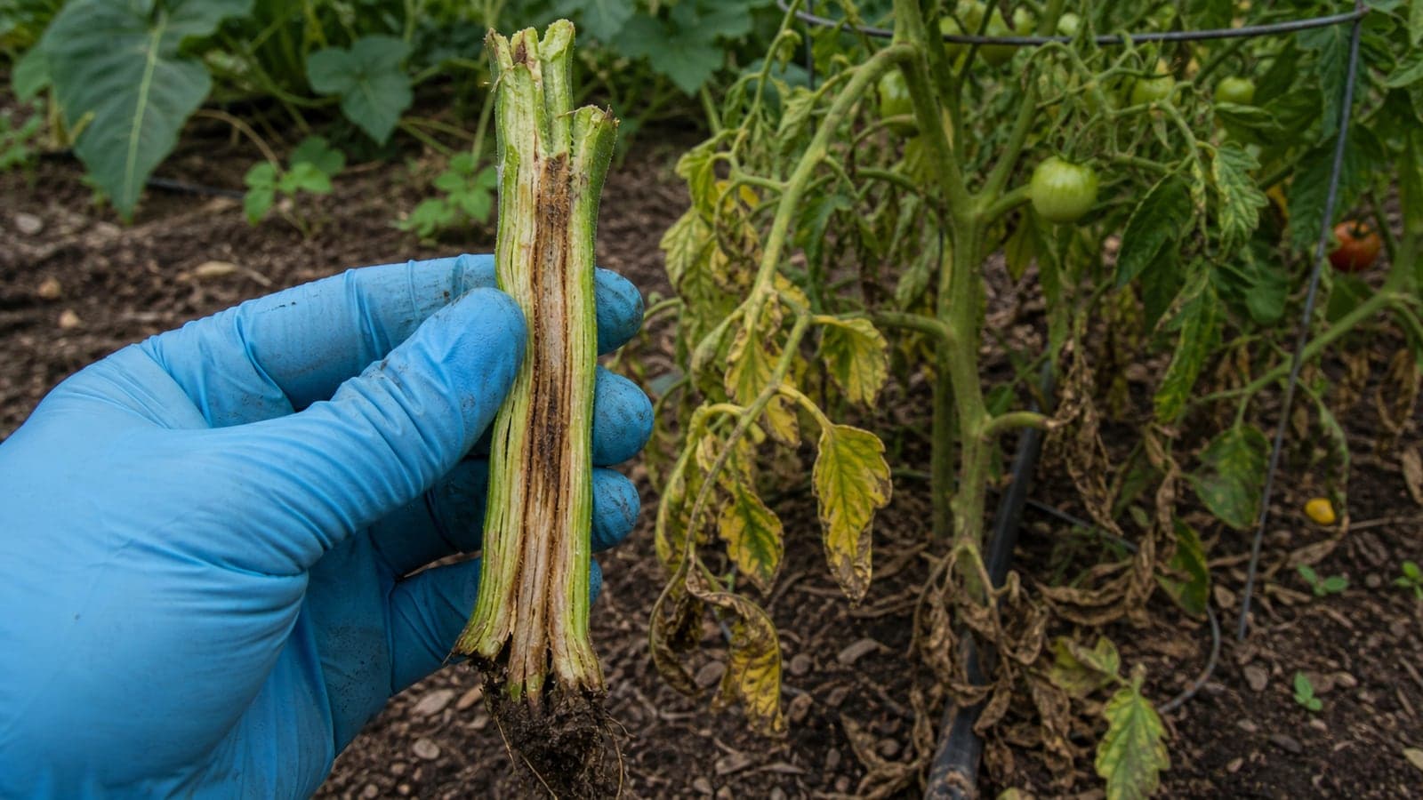 Vascular wilt symptoms inside a garden plant stem