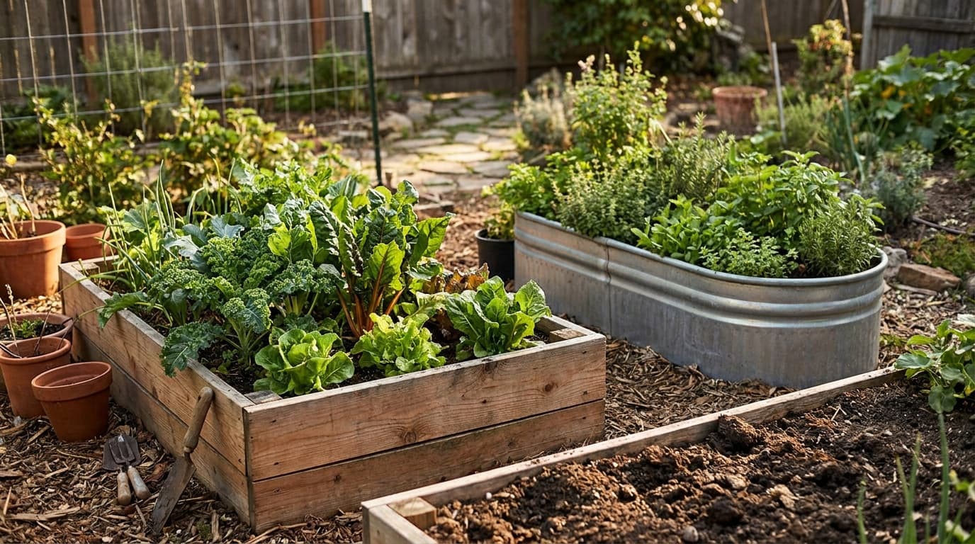 Cedar and galvanized metal raised garden beds side by side in a backyard vegetable garden