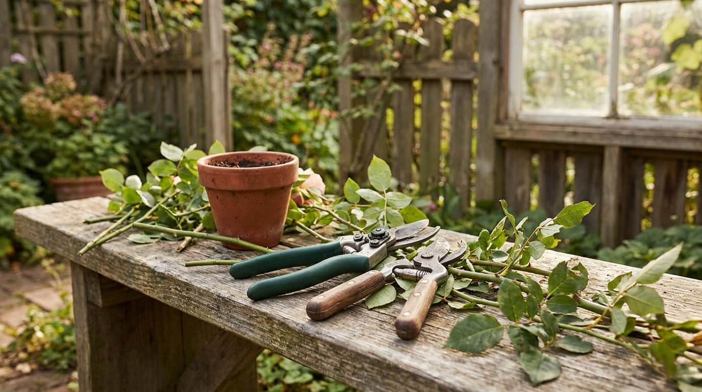 Fiskars and Felco F-2 bypass hand pruners on a garden workbench