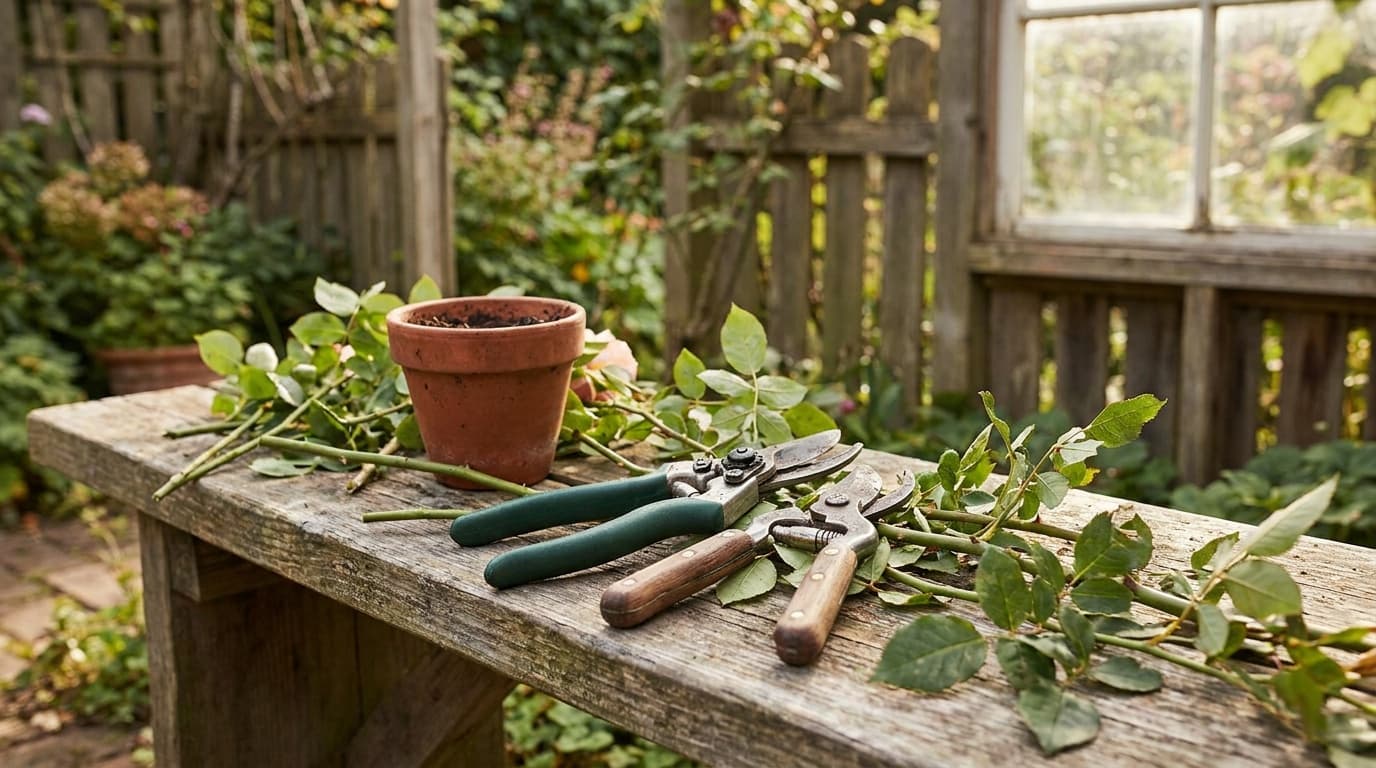 Fiskars and Felco F-2 bypass hand pruners on a garden workbench