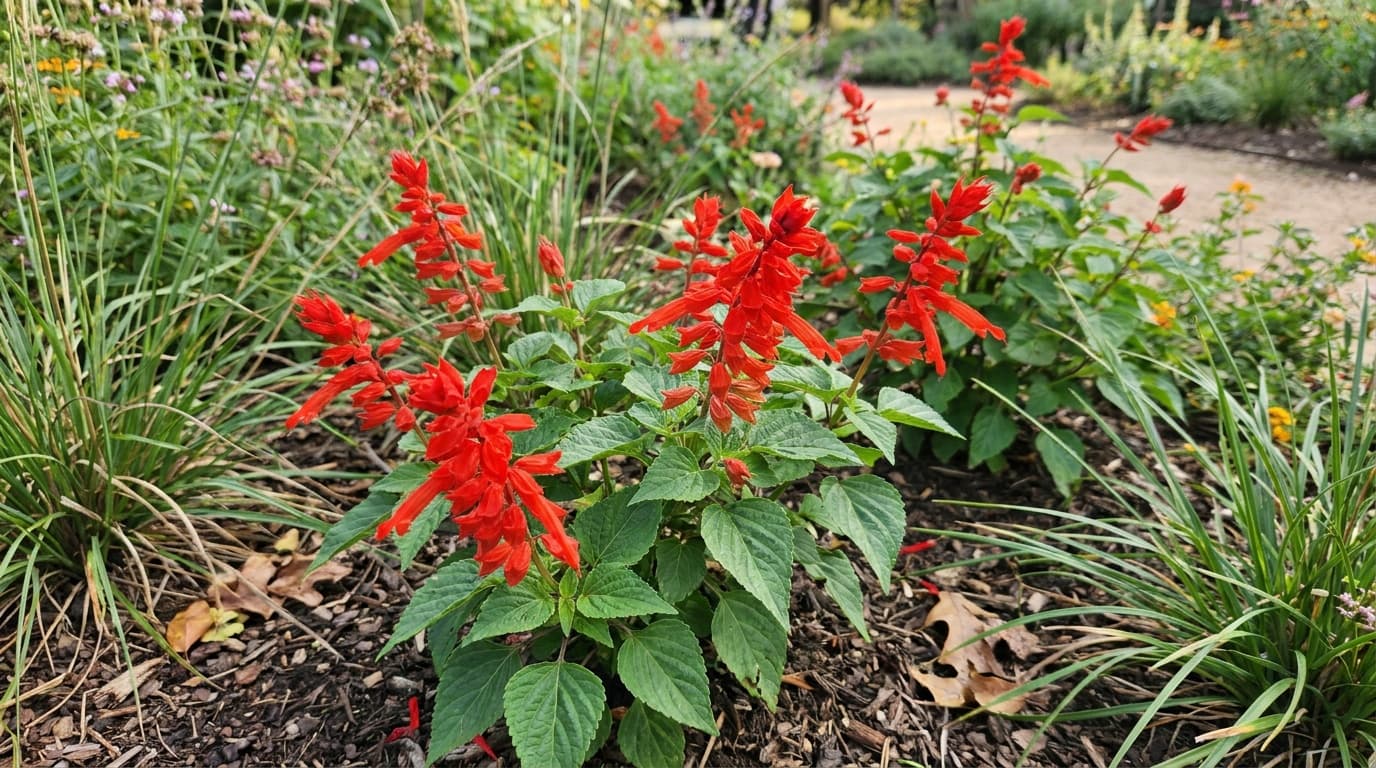 Annual Salvia (Scarlet Sage) growing in a garden