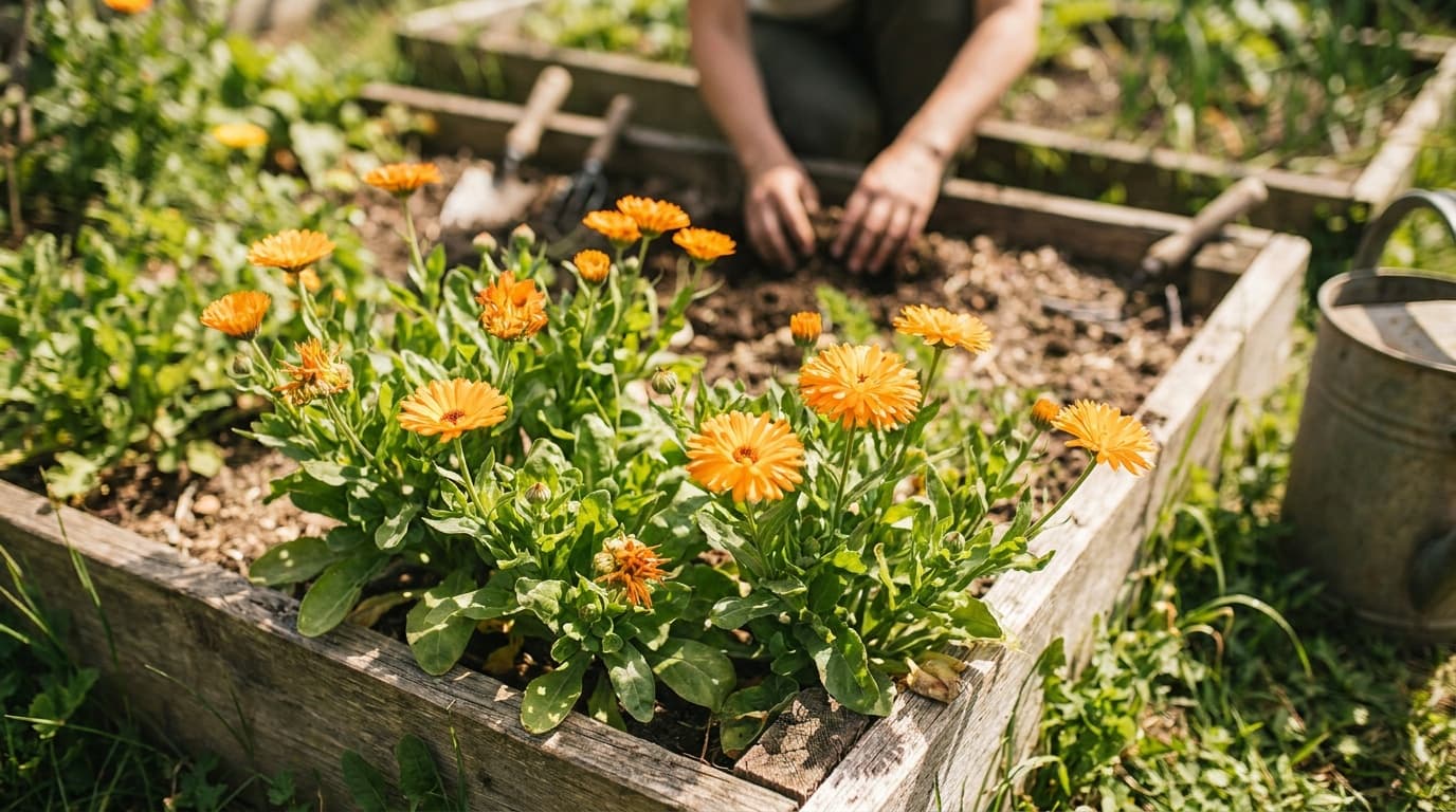 Calendula (Pot Marigold) growing in a garden