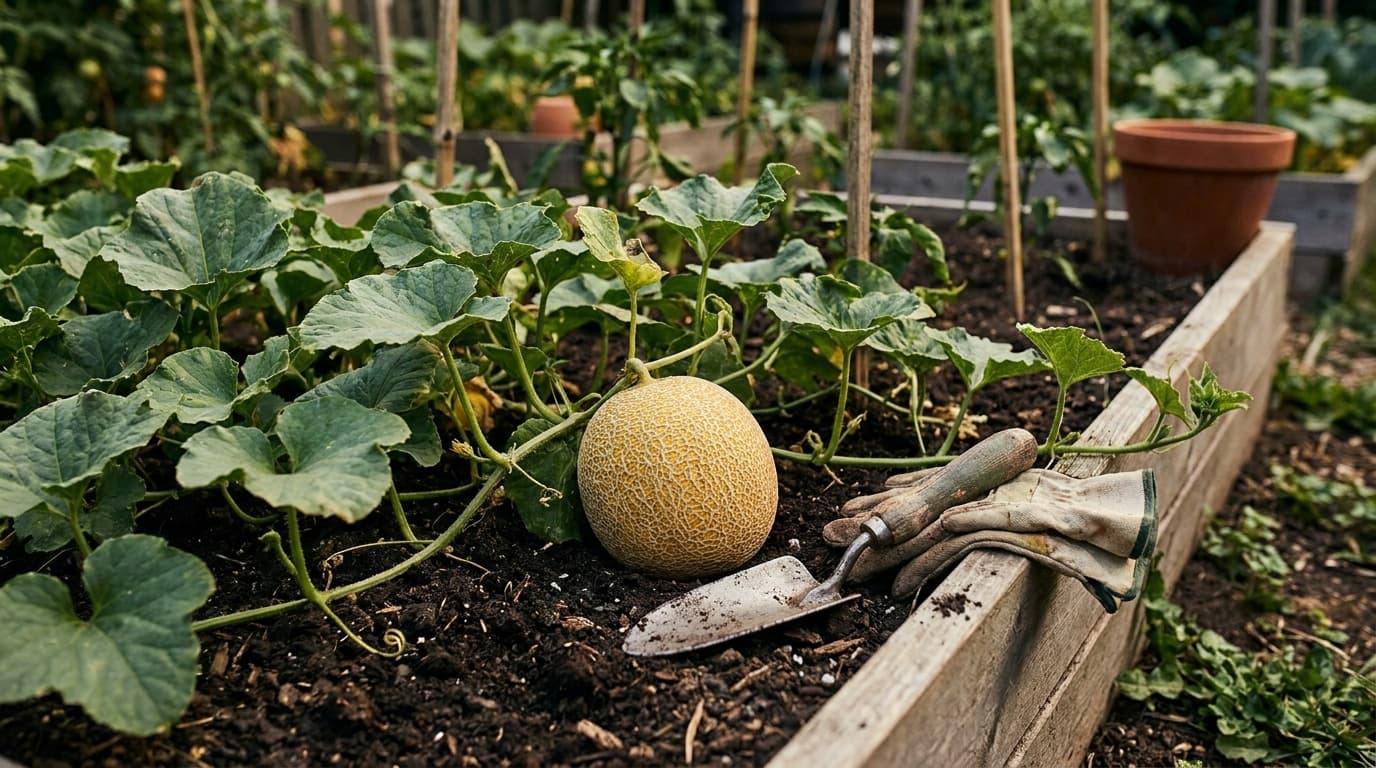 Cantaloupe growing in a garden