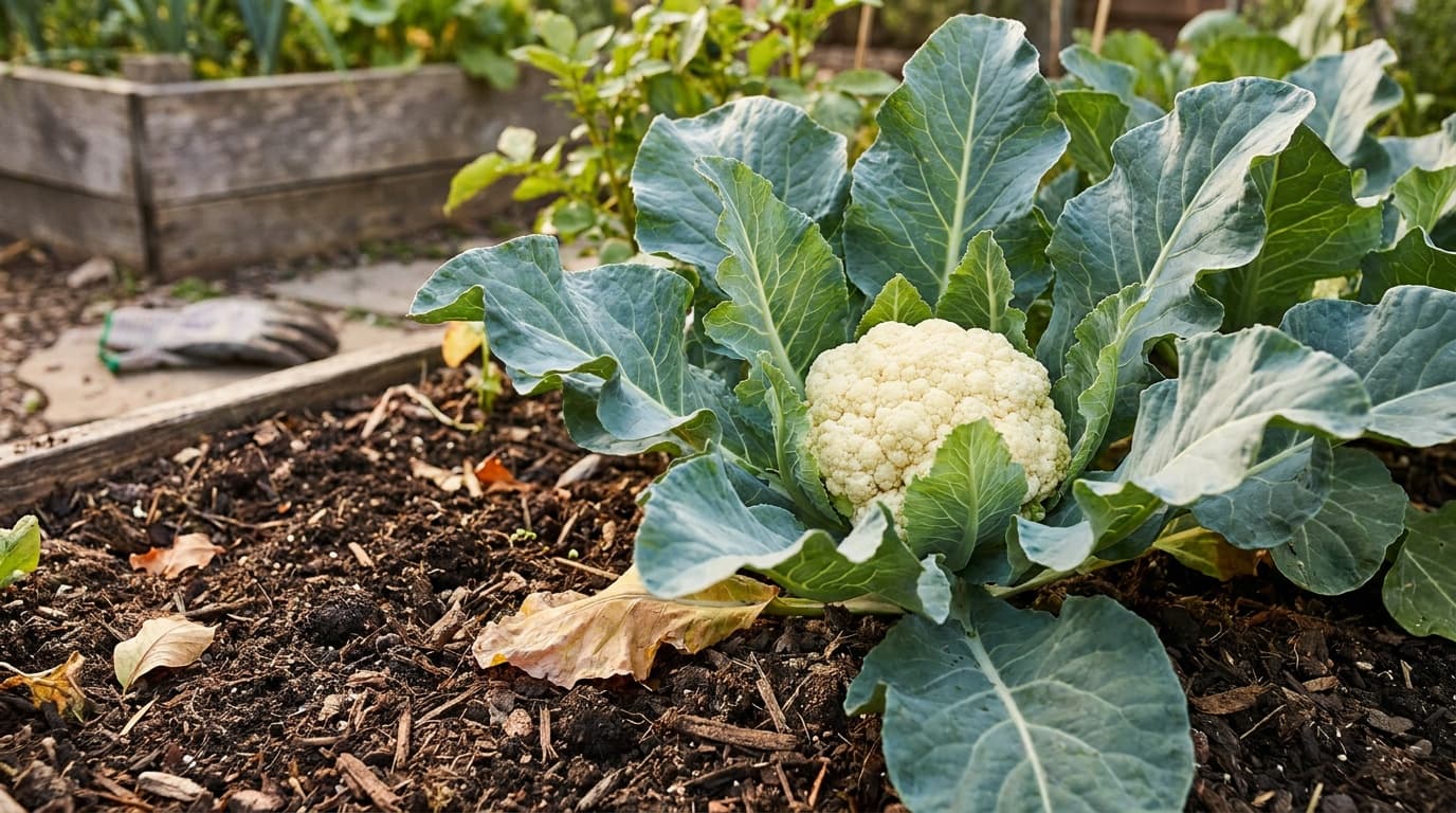 Cauliflower growing in a garden