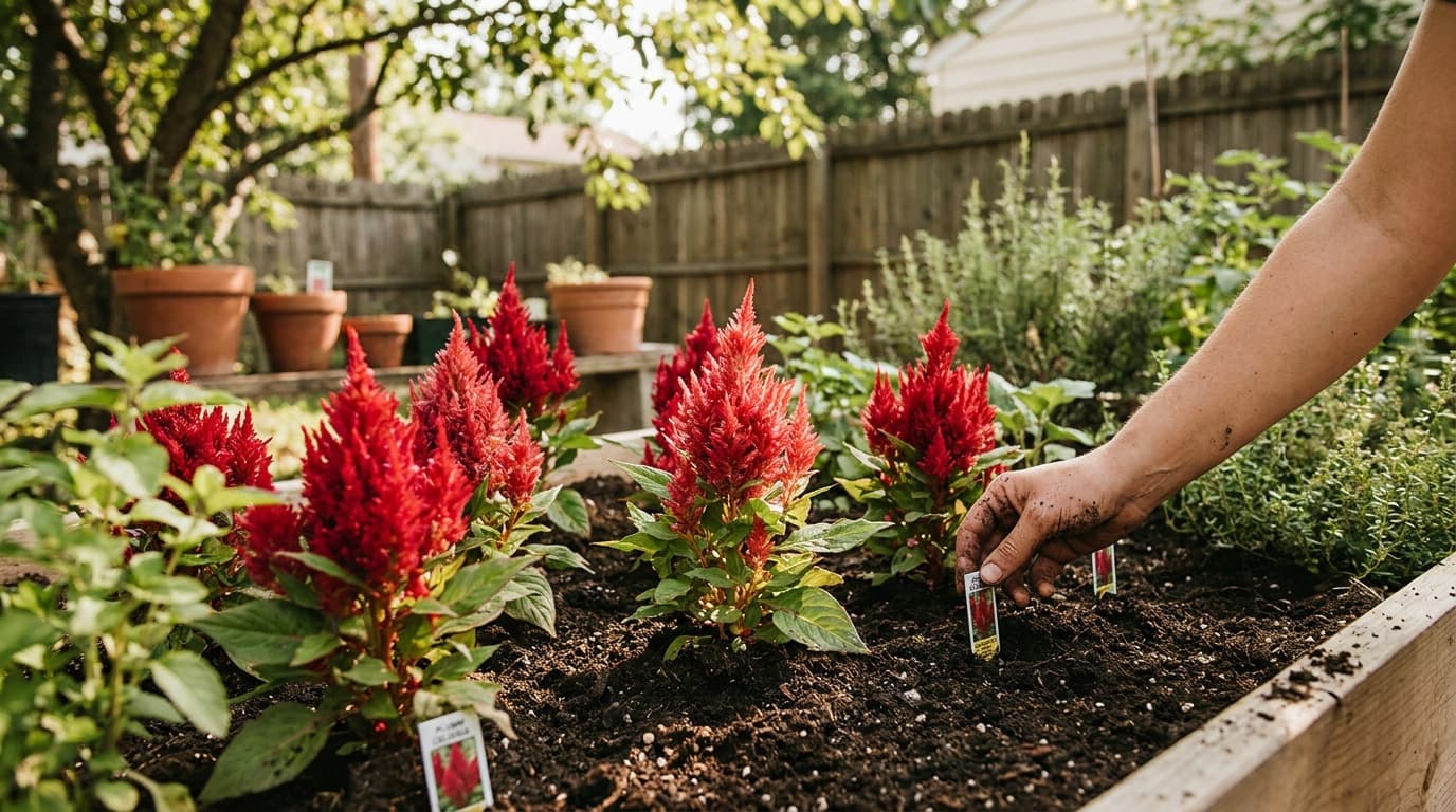 Celosia (Woolflower) growing in a garden