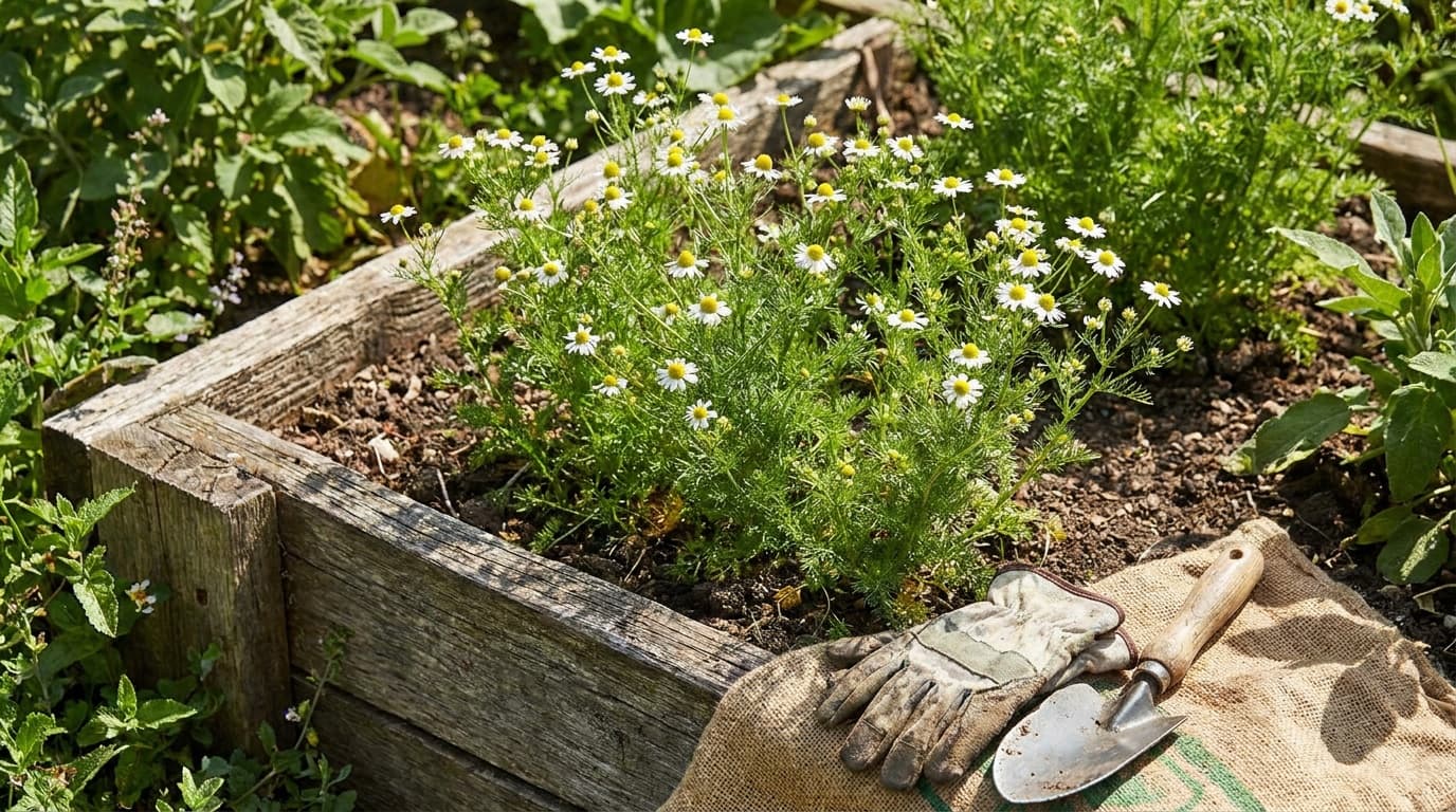 German Chamomile growing in a garden