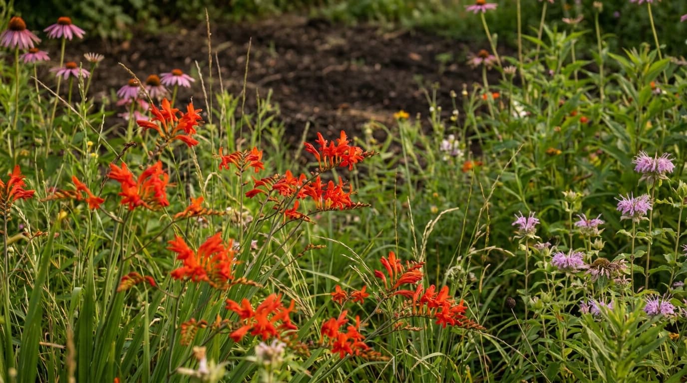 Crocosmia growing in a garden