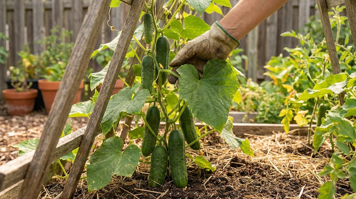 Cucumber growing in a garden