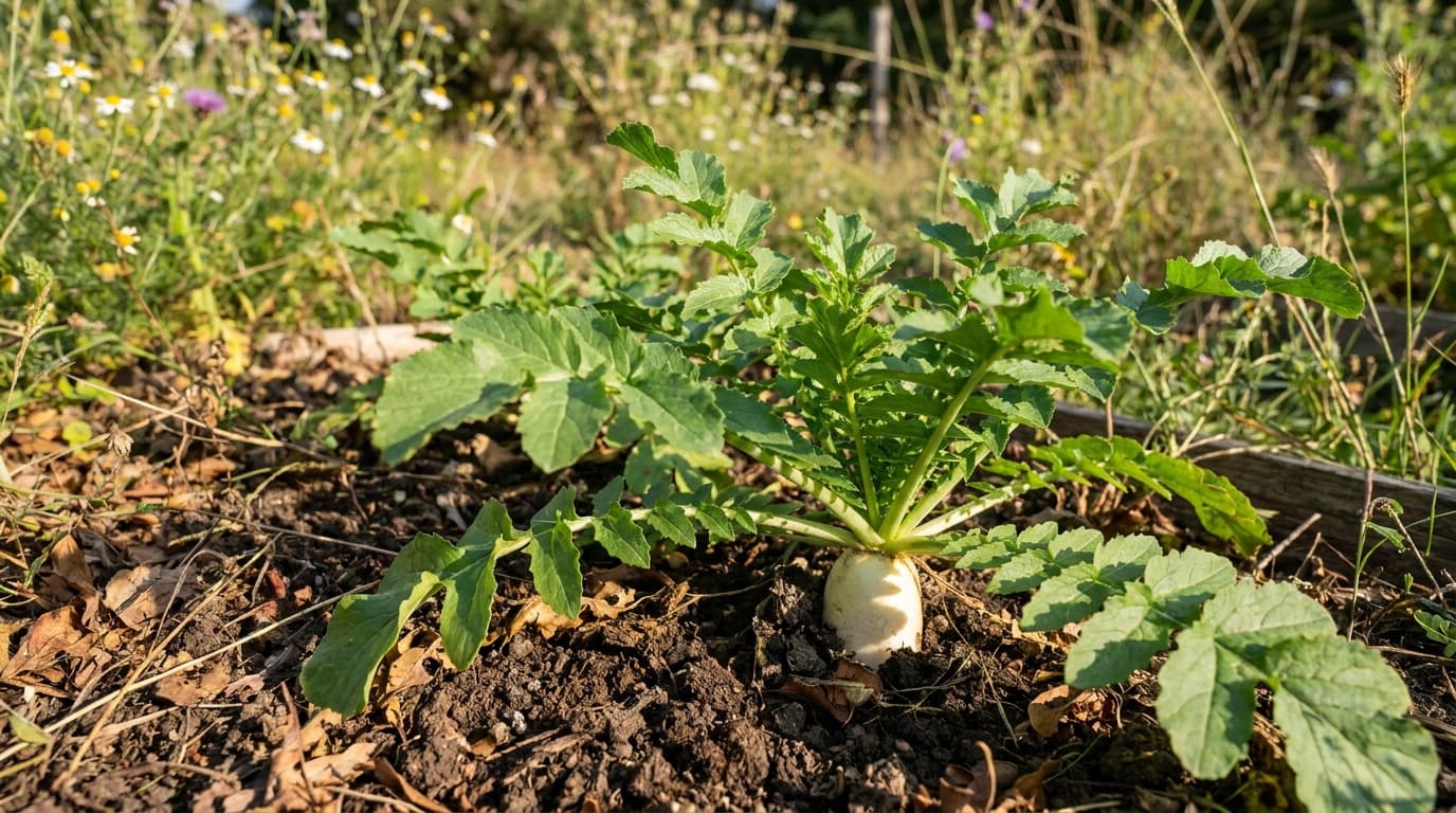 Daikon Radish growing in a garden