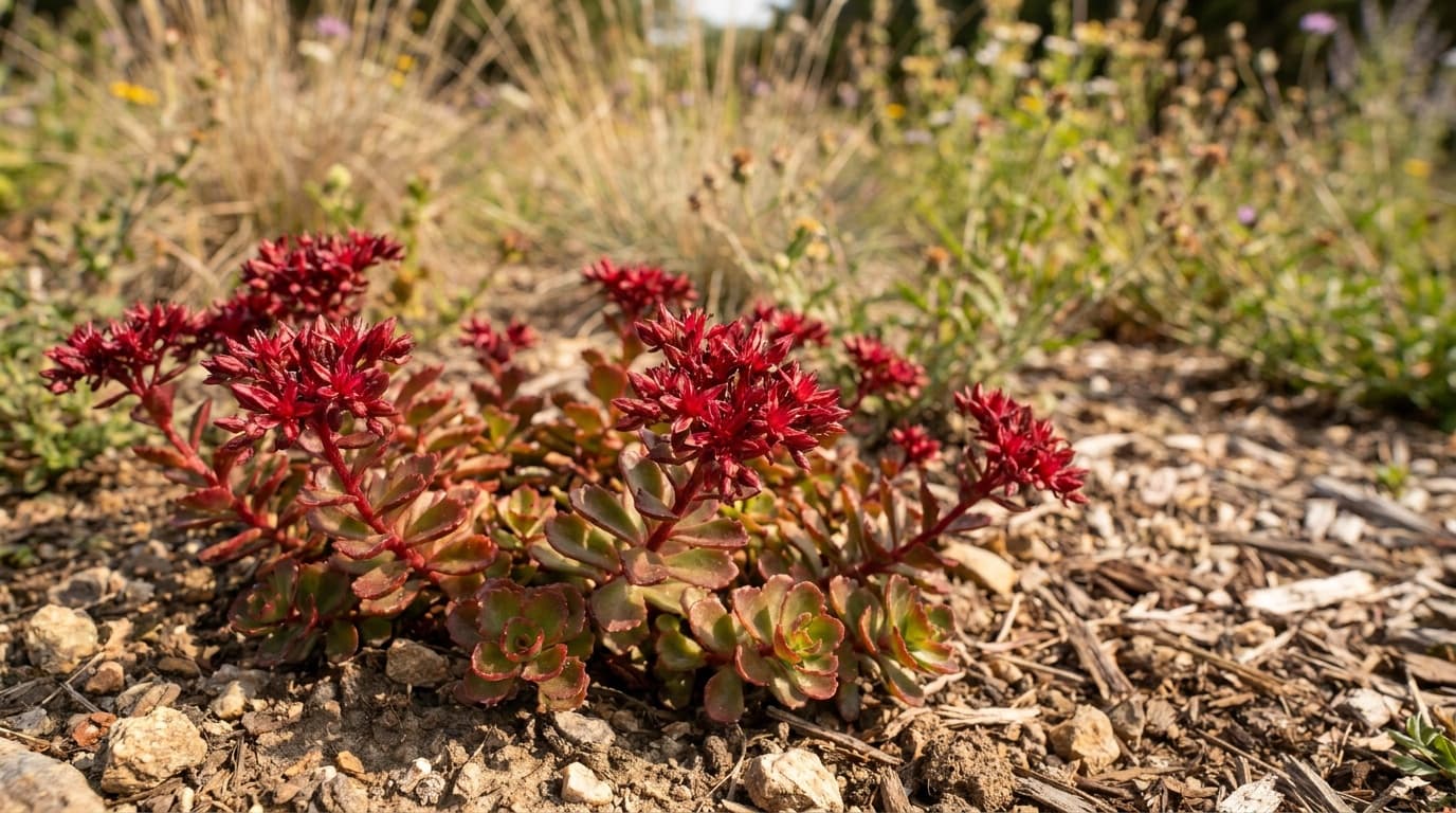 Dragons Blood Sedum growing in a garden