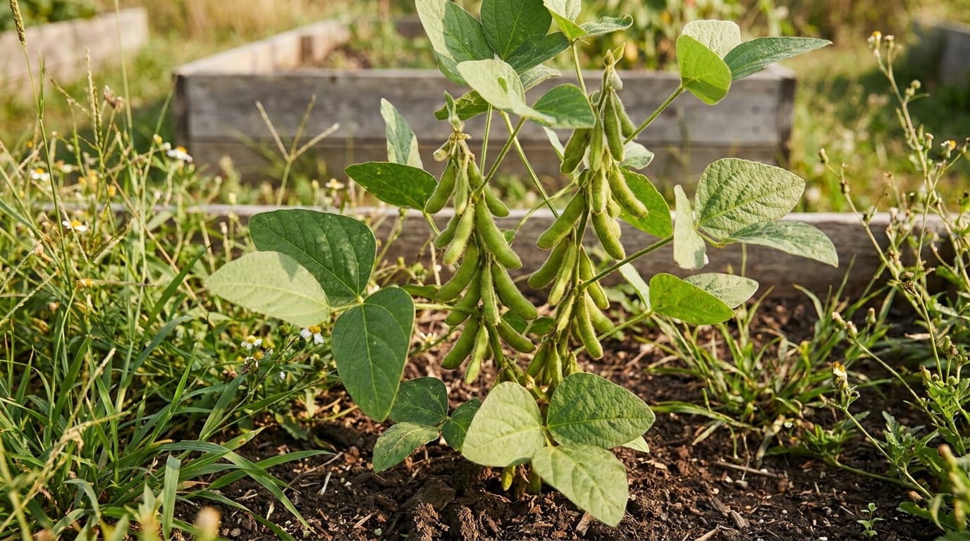 Edamame growing in a garden