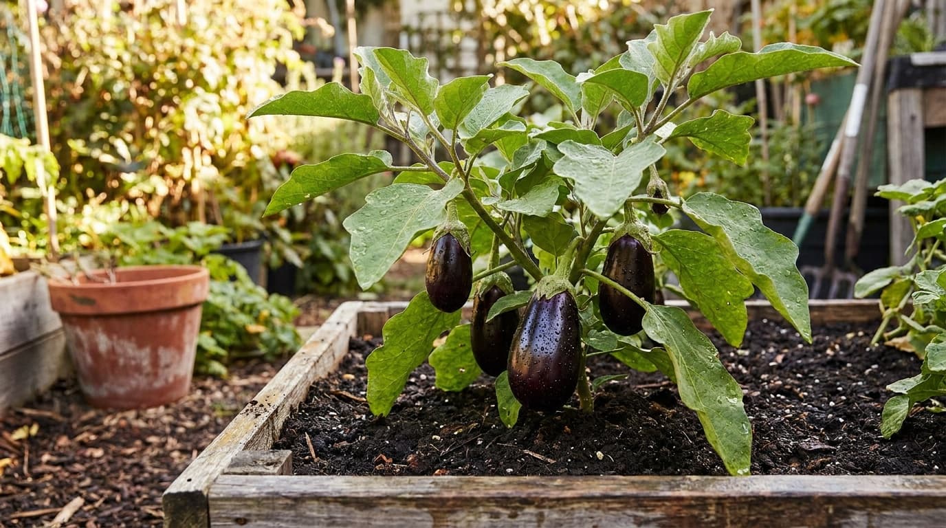 Eggplant growing in a garden