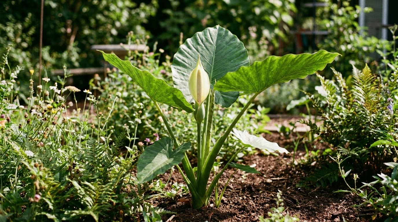 Upright Elephant Ear growing in a garden