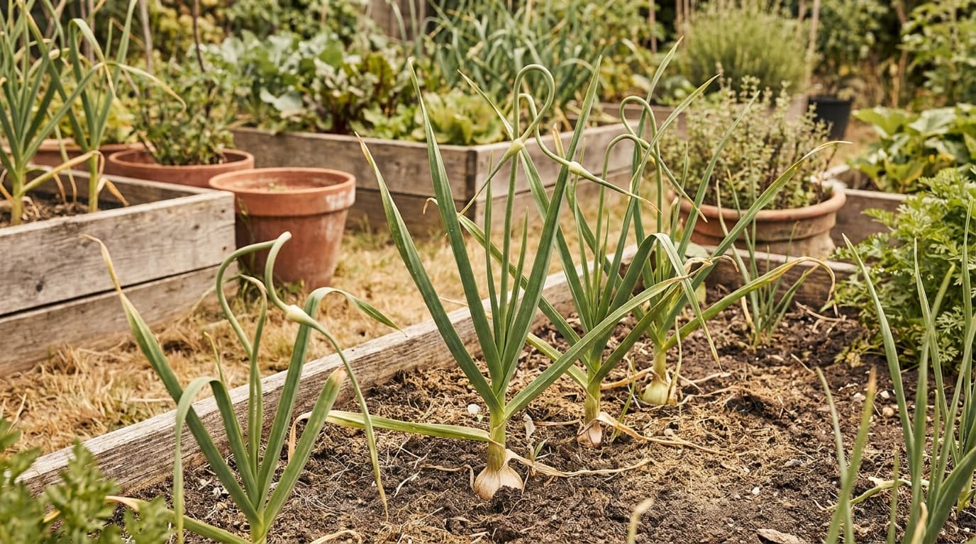 Garlic growing in a garden