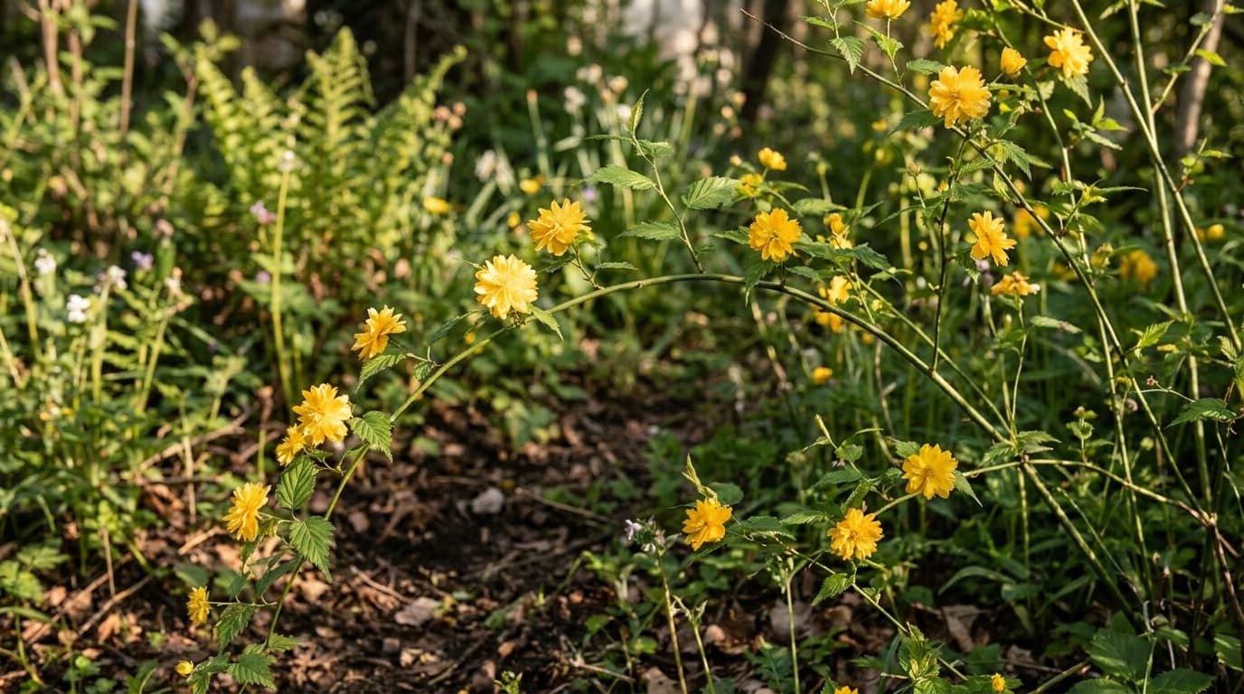 Japanese Kerria growing in a garden
