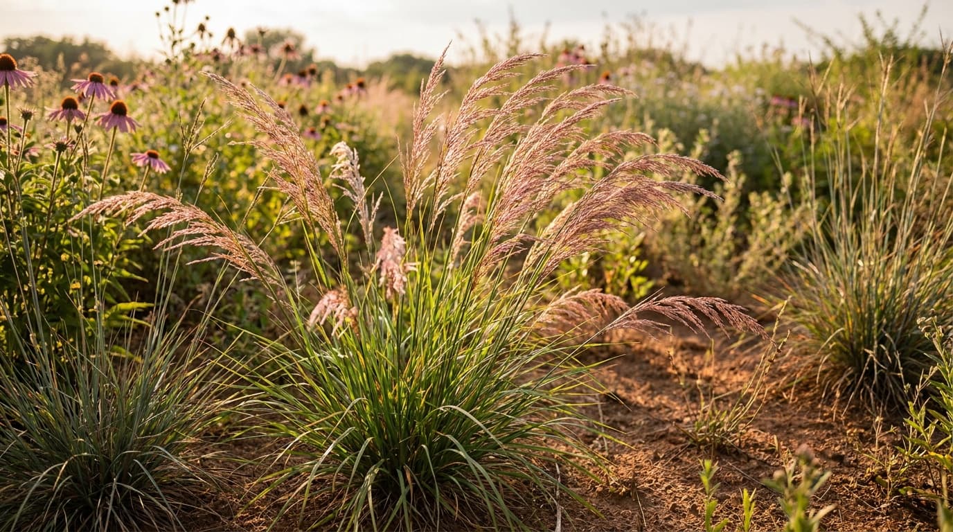 Korean Feather Reed Grass growing in a garden