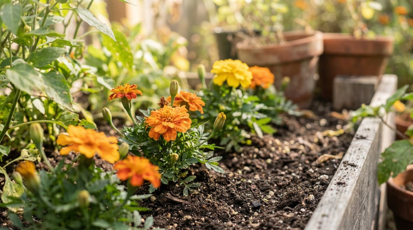 Marigold growing in a garden