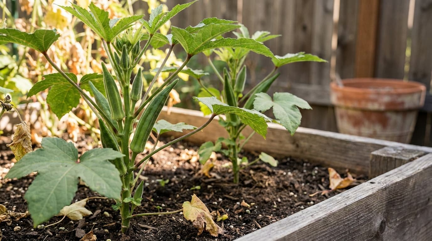 Okra growing in a garden