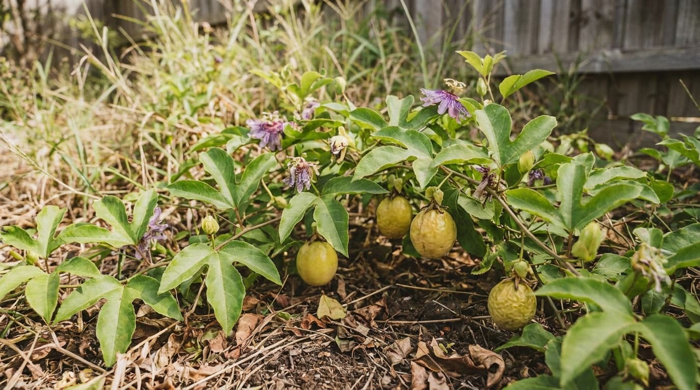 Purple Passionflower growing in a garden