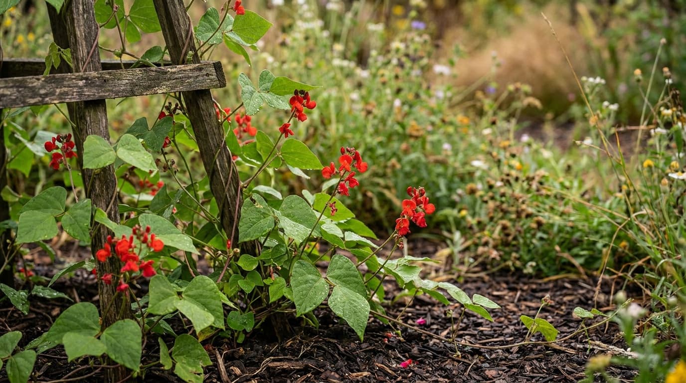 Scarlet Runner Bean growing in a garden
