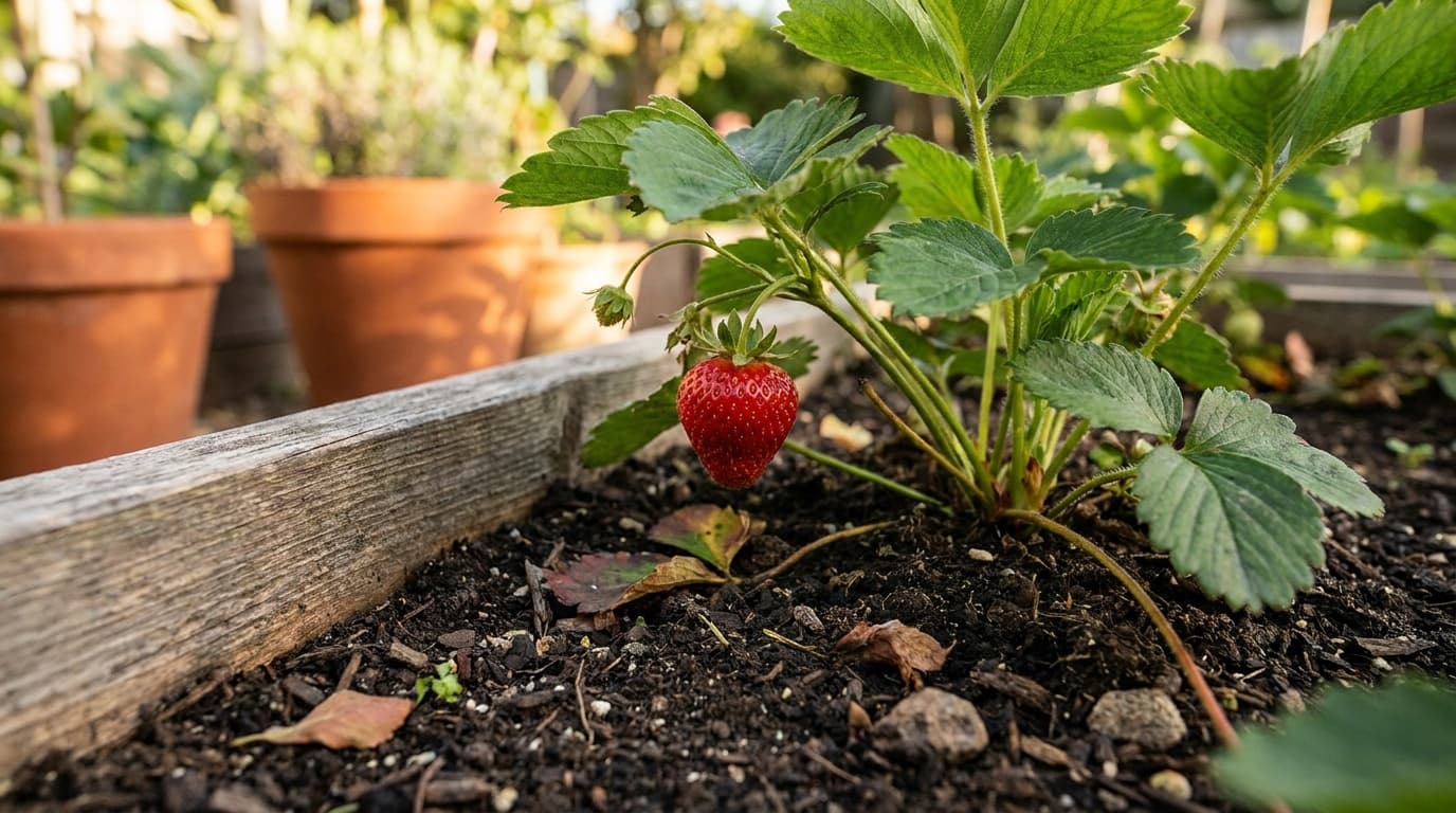 Strawberry growing in a garden