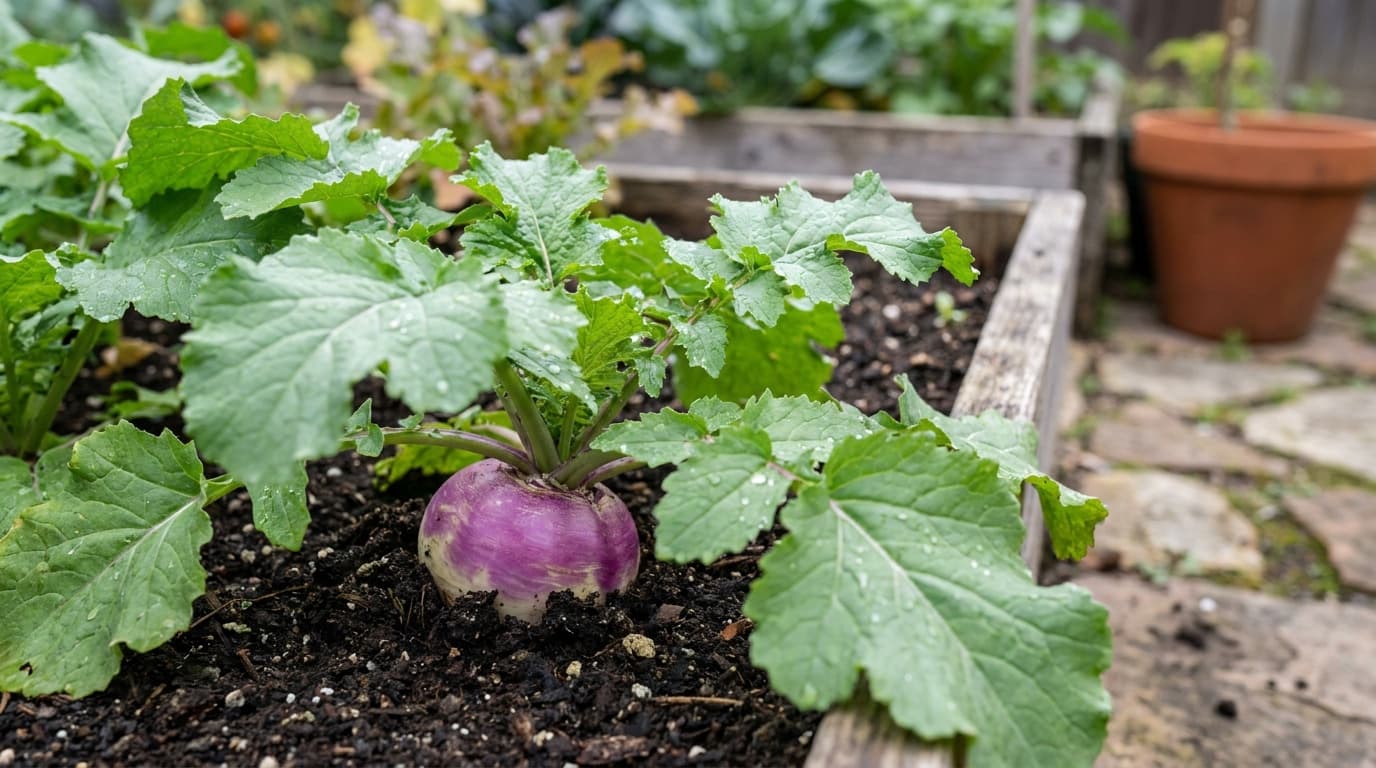 Turnip growing in a garden